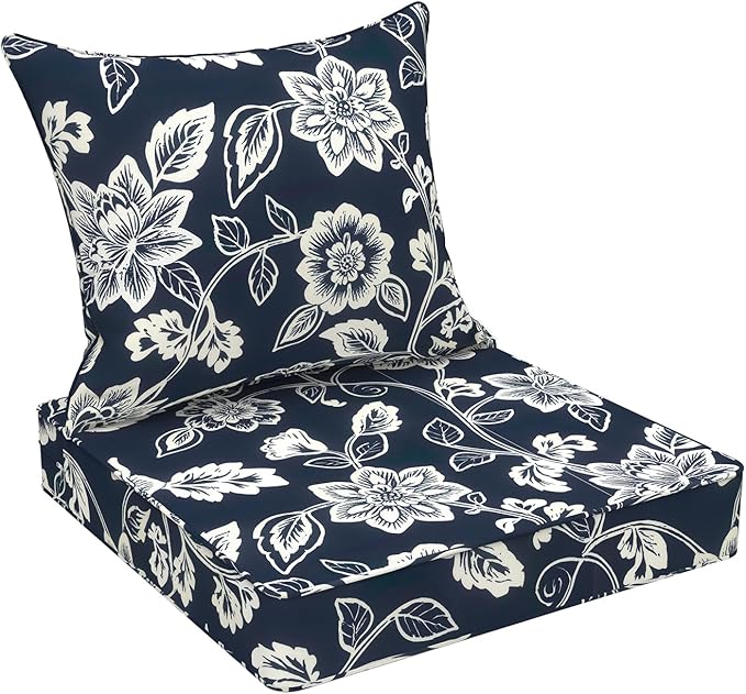 Outdoor Deep Seat Cushion Set, Water Repellent 24"x24" Patio Thick Cushions Replacement with Seat & Back Pillow for Patio Sofa, Wicker Chair, Couch - Vines Navy