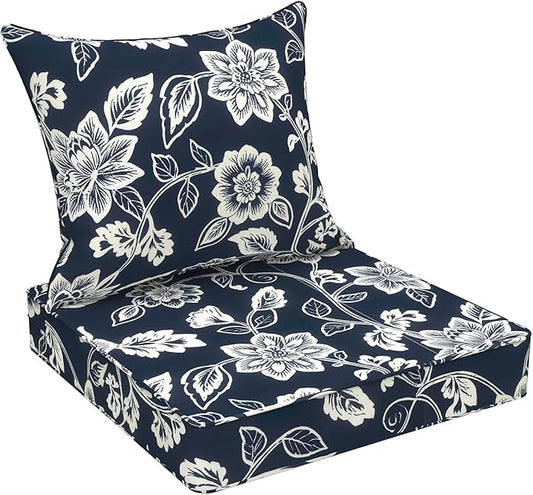 Outdoor Deep Seat Cushion Set, Water Repellent 24"x24" Patio Thick Cushions Replacement with Seat & Back Pillow for Patio Sofa, Wicker Chair, Couch - Vines Navy