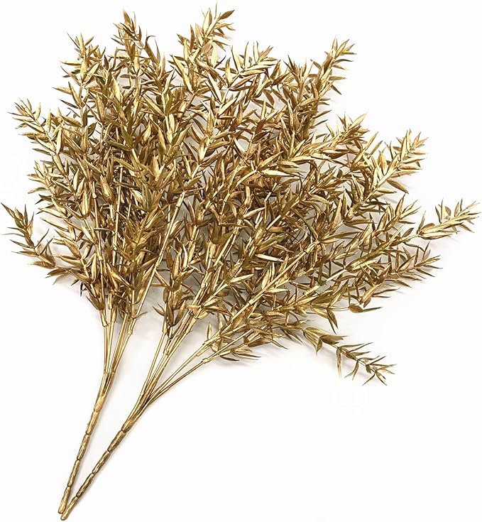 CATTREE Artificial Plants for Christmas, Plastic Grass Faux Shrubs Fake Leaves Simulation Sharp Bushes Home Indoor Outdoor Garden Wedding Festival Decoration Hall Table Planter Filler – Gold 2 Pack