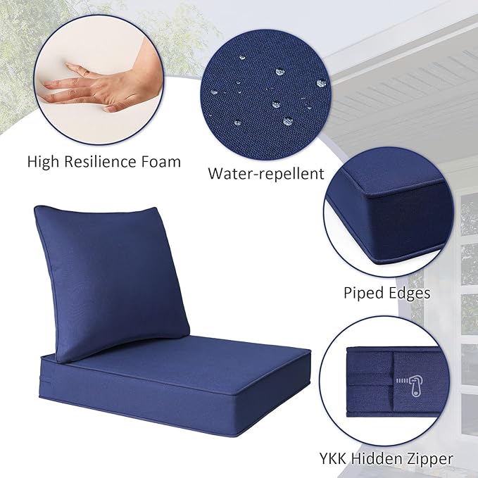 Outdoor Patio Chair Cushions Set, 24" x 24", Set of 2, Water-Repellent, Fade Resistant, Deep Seat Bottom and Back Cushion for Backyard, Couch, Sofa and Patio Furniture, Navy