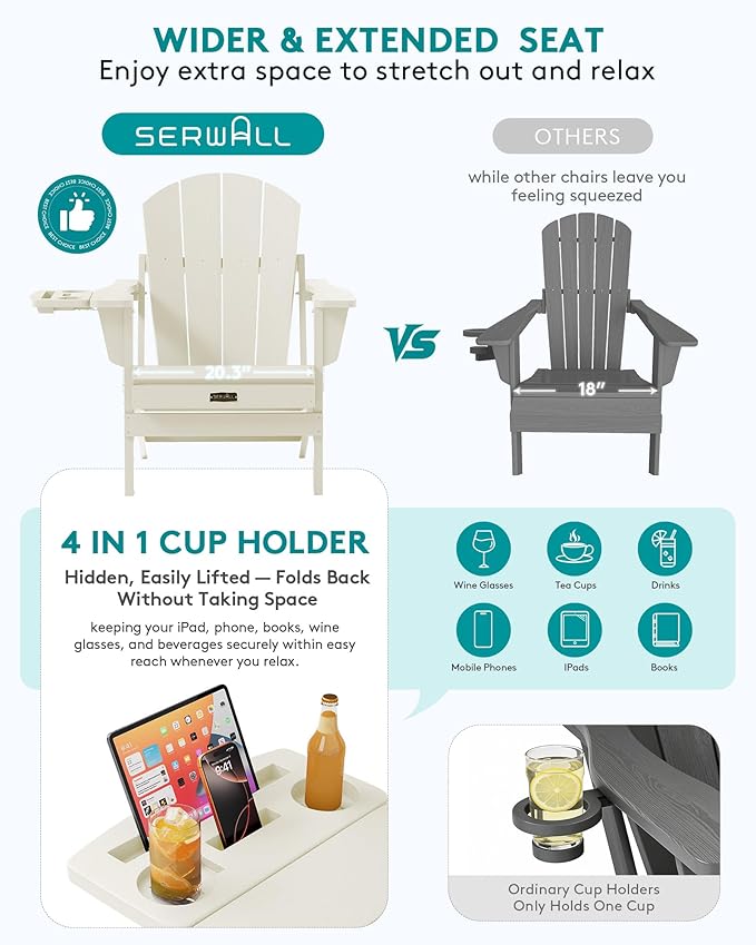 SERWALL Folding Adirondack Chair, Outdoor Adirondack Chairs with Multi-Functional Cup Holder, Wood-Like Patio Chairs, Lawn Chairs, All Weather Plastic Fire Pit Chair for Garden, Backyard, Deck - White