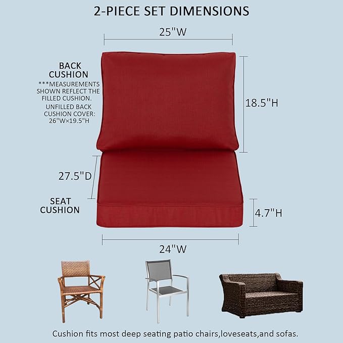 24x27.5 Inch Outdoor Deep Seat Cushions Set of 2,Thick High-Density Foam, Water-Resistant, Piped Edges & YKK Hidden Zipper for Patio Furniture,Chili