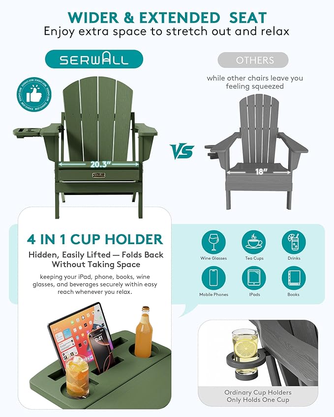 SERWALL Folding Adirondack Chair, Paito Adirondack Chairs with 4-in-1 Multi-Functional Cup Holder, Outdoor Chairs, All Weather Fire Pit Chair for Garden, Poolside, Backyard, Lawn - Army