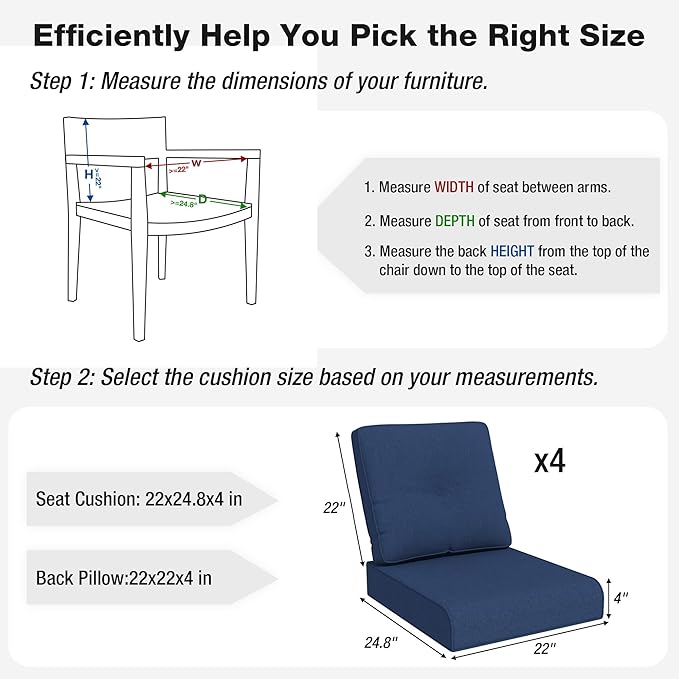 Joyside Outdoor Chair Cushions Set, 22x25/22x24 Inch Patio Furniture Deep Seat Cushions, Water Resistant & Thick Cushion, Outdoor Replacement Cushions for Seat and Sofa
