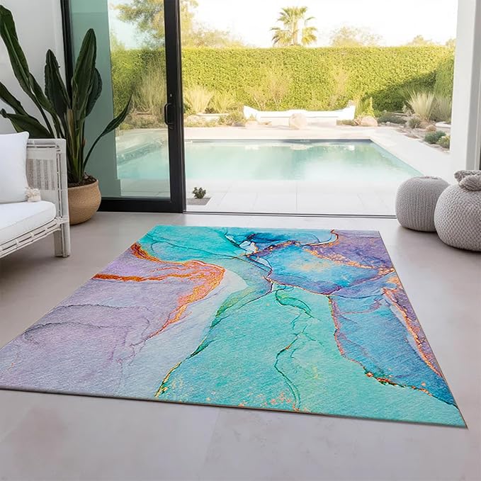 Abstract Washable Indoor Outdoor Rug, 8' x 10', Teal, Stain Resistant, Easy Clean, Modern Marble Abstract Teal Rug for Indoor/Outdoor Patio, Deck, Porch, Garden, Courtyard