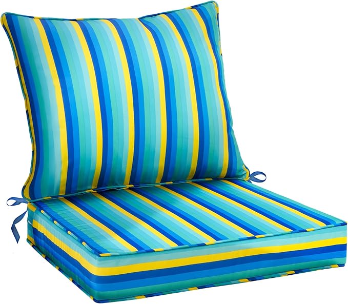 Outdoor Deep Seat Cushion Set 19 x 19 Inch, Waterproof Fade Resistant Patio Furniture Deep Seat & Backrest Cushion Set with Removable Cover for Pation Furniture(Stripe Beach, 19" x 19" + 19" x 16")