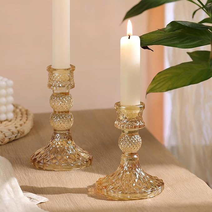DARJEN Gold Glass Candlestick Holders Set of 6, 4" H & 5" H Taper Candle Holders for Candlesticks & Pillar Candles, Diamond Candle Holders for Wedding Party Table Centerpiece, Home Decor