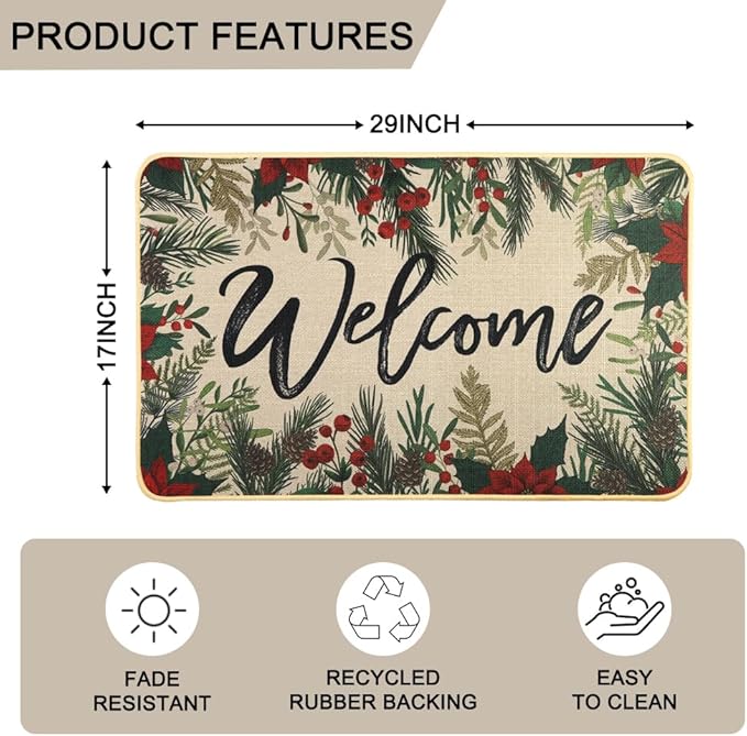 Christmas Welcome Doormat，Winter Christmas Outdoor Safflower Garden Rug Leaves Decor Floor Front Door Mat Non-Slip Entrance Mat for Home Kitchen Bathroom Decorations 17 X 29 Inch