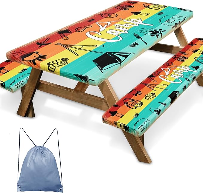 Picnic Table Cover with Bench Covers Elastic Edges, Blue Wood Camper Fitted Table Cover, Outdoor Patio Camping Essentials 72 Inch 3PCS, Waterproof Camping Fitted Tablecloth with Drawstring Bag
