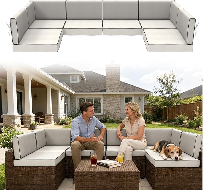 14 Pcs Outdoor Replacement Cushions for Patio Furniture, All Weather Water Resistant Cushion for 6 Seat Rattan Wicker Sectional Patio Conversation Sets and Couch (Cream+Black Piping)