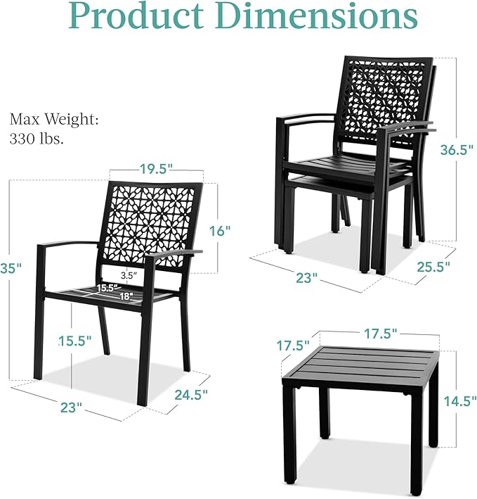 Best Choice Products 3-Piece Outdoor Bistro Set, Stackable Modern Steel Furniture for Porch, Garden w/ 2 Chairs, Table, Geometric Decor - Black