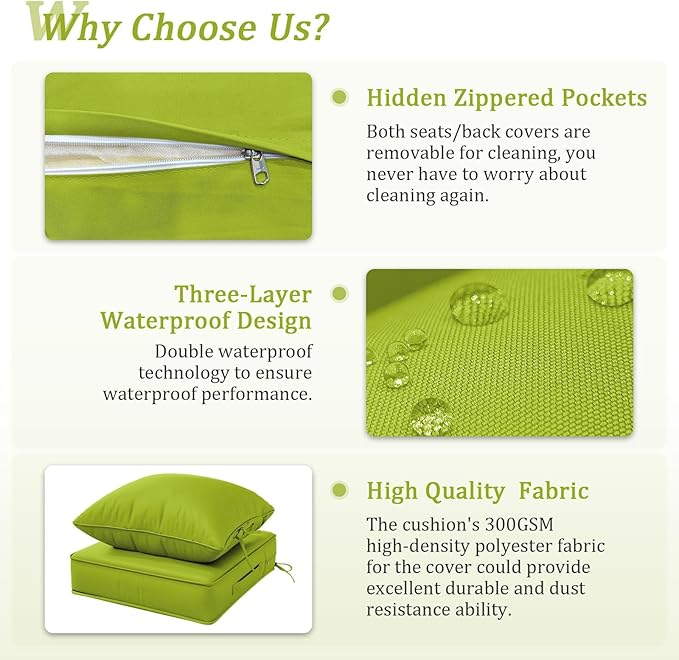Outdoor Patio Chair Cushions Set 22 L X 24 W X 4 H Waterproof & Fade Resistant Deep Seat and Back Cushions with Removable Covers Outdoor Seat Cushion Set for Chairs and Sofas