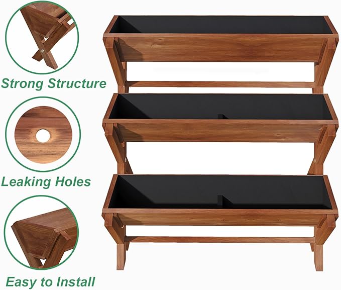 3 Tier Vertical Garden Planter,Raised Garden Bed,Planter Box,Fir Wood Freestanding Elevated Herb Stand Tower,Flower Strawberry Vegetable with Drain Holes,35x22x36 Inches, for Outdoor,Brown