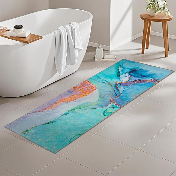 2.3' x 7.5' Washable Indoor Outdoor Teal Runner Rug for Hallway, Kitchen, Stain Resistant, Easy Clean, Modern Runner Rug for Indoor/Outdoor Patio, Deck, Kitchen, Hallway, Bathroom