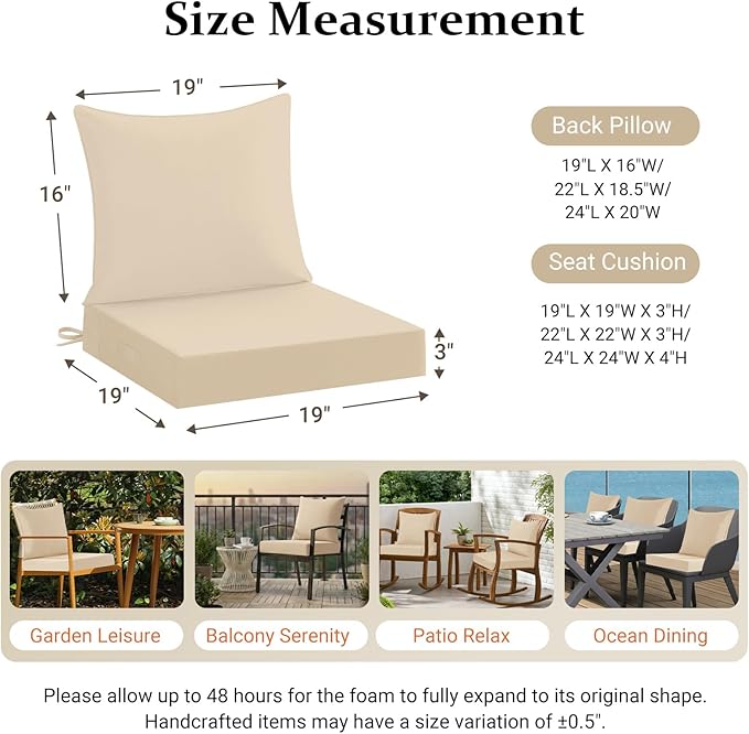 downluxe 19x19 Outdoor Chair Cushions, Waterproof Fade Resistant Patio Furniture Cushions with Handle & Removable Cover, Deep Seat Outdoor Cushions for Sofa, Couch and Patio Chairs, Beige