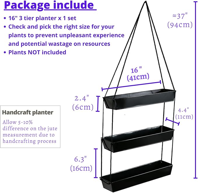LaLaGreen 16 Inch Wall Mounted Tiered Planter for Indoor Succulent Plants, 3 Tier Modern Black Rectangular Metal Planter