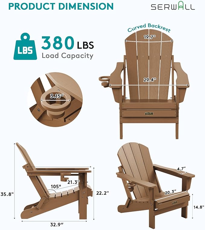 SERWALL Folding Adirondack Chair, All Weather Adirondack Chairs with Cup Holder for Patio Garden Outdoors Fire Pit Chair - Brown