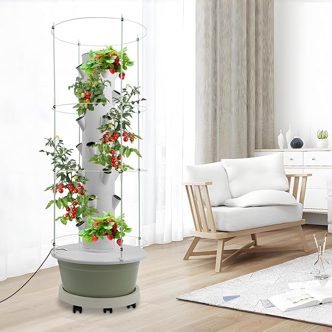 Hydroponic Growing Tower with Climbing Trellis, 30L Water Tank & Automatic Timer, Indoor Outdoor Vertical Garden System for Vegetables Herbs Strawberries (Light Green - 28 Holes)