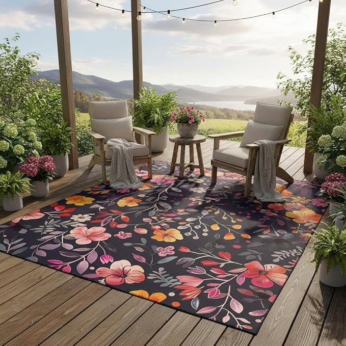 Washable Waterproof Floral Print Indoor Outdoor Rug 2x6 Black Pink Yellow Flowers Outdoor Area Rug for Garden Porch Patio Deck Camping Boho Floral Deco Balcony Pool Bedroom Low Pile Carpet Floor Mat