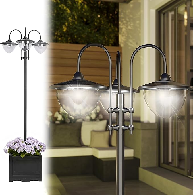 Outsunny 74.5" 3-Head Solar Lamp Post Light with Planter, Solar Pole Lights Outdoor Waterproof LED Lighting for Backyard Pathway Patio Lawn Driveway Decor, Black
