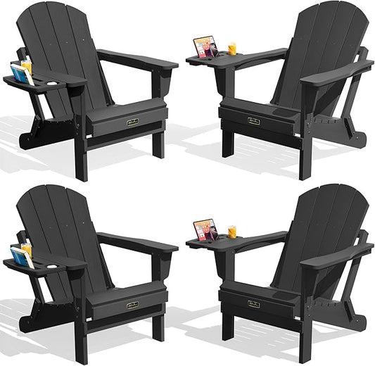 SERWALL Folding Adirondack Chair Set of 4, Outdoor Adirondack Chairs with 4 in 1 Cup Holder, Wood Texture Patio Chairs, Weather Resistant Fire Pit Chairs for Patio Deck Garden, Backyard Deck - Black