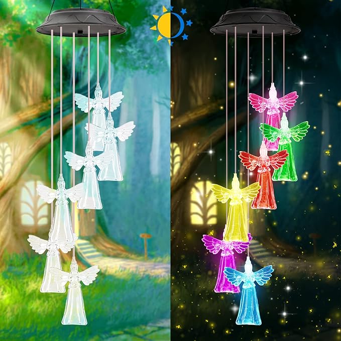 Birthday Gifts for Women Mom Grandma, Gardening Gifts for Women, Angel Solar Wind Chimes for Outside, Wind Chimes Outdoor Waterproof, Solar Lights Outdoor Decorative for Garden Patio Yard