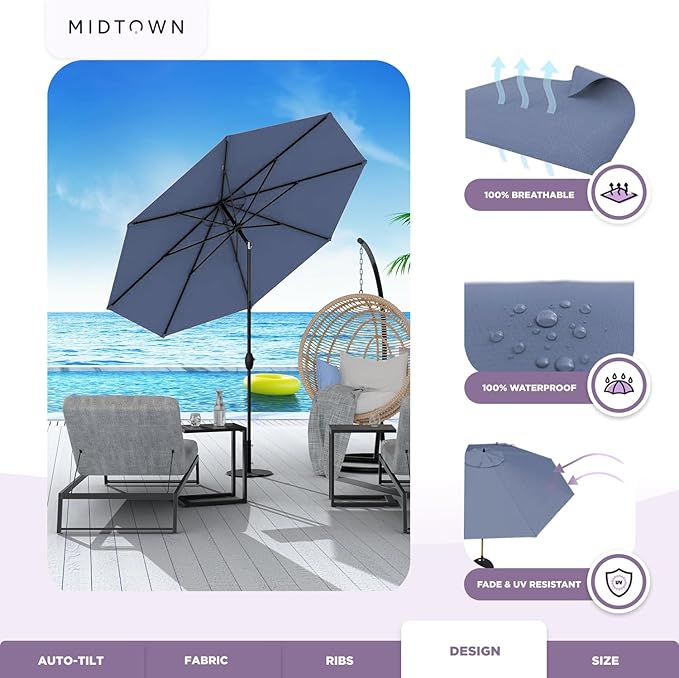 Midtown Umbrellas 10-Year-No-Fade - 8 Ft - UV Proof Light Navy Polyester Fabric - Umbrella Outdoor Patio, Auto-Tilt Aluminum Frame Patio Umbrella for Garden, Pool & Deck - Black Pole