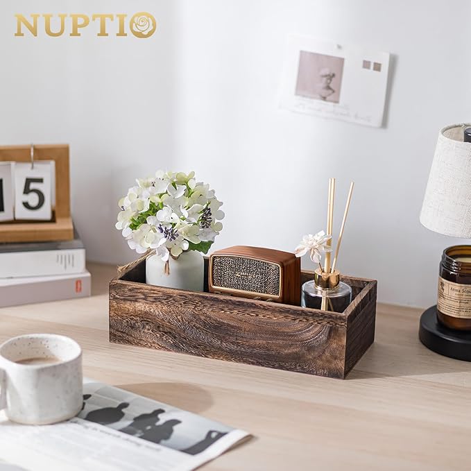 NUPTIO Wooden Box Centerpiece for Table: 2 Pcs 11.8" Long Wood Rectangle Planters - Farmhouse Flower Vase for Fall Wedding Dining Living Room Window Mantel Table Decor