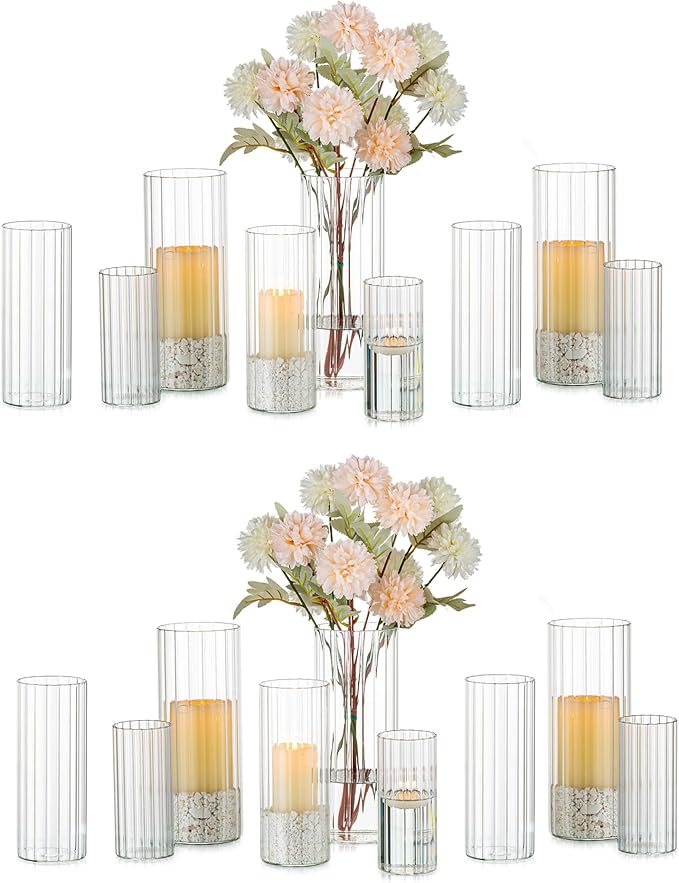 Glasseam Glass Cylinder Candle Holder, Clear Ribbed Vase Set of 18, Hurricane Pillar Candle Holder, Floating Candle Holders for Table Centerpiece, Flute Flower Vases for Centerpieces Dining Table