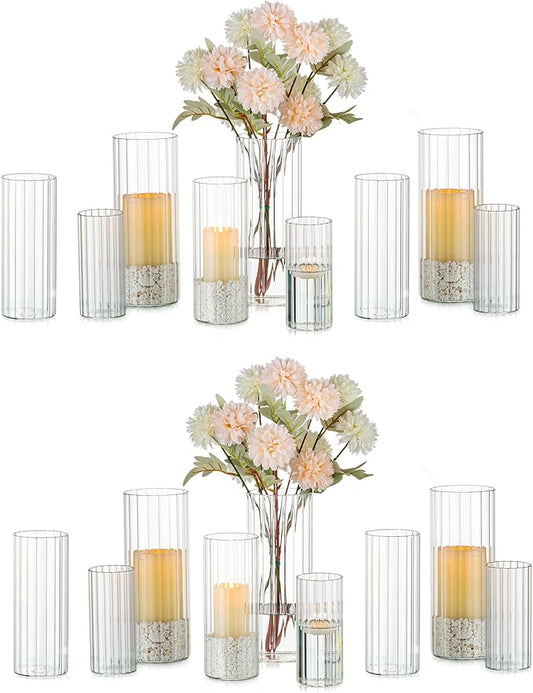 Glasseam Glass Cylinder Candle Holder, Clear Ribbed Vase Set of 18, Hurricane Pillar Candle Holder, Floating Candle Holders for Table Centerpiece, Flute Flower Vases for Centerpieces Dining Table
