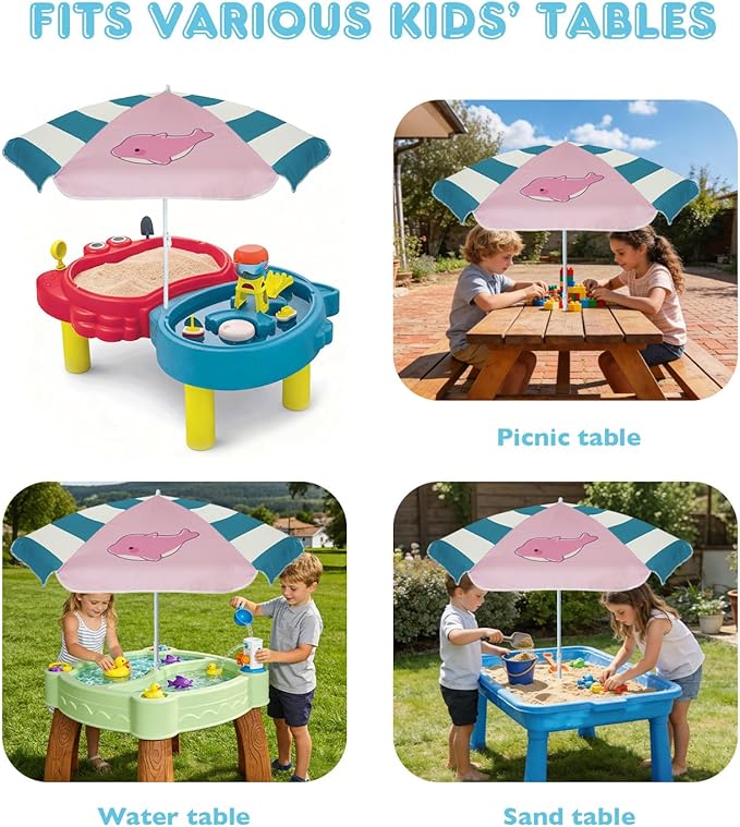 AMMSUN 5ft Seaside Umbrella for Sand Box Water Table - Kids Durable Umbrellas for children Picnic Beach Camping Garden Outdoor Play Shade Pink Dolphin
