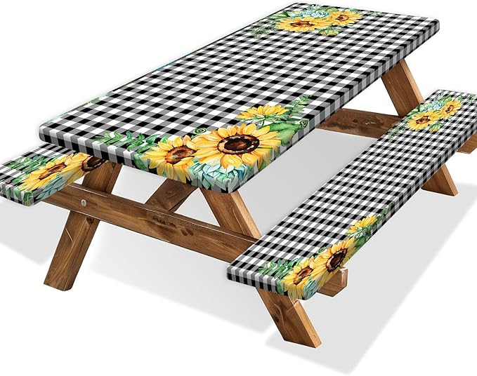 Picnic Table Cover with Bench Covers and Bag, Outdoor Waterproof Windproof Tablecloth with Elastic Edges. Camping Accessories RV Gear Campers 96x30 Inches 3 Pcs Set Black-White Checkered