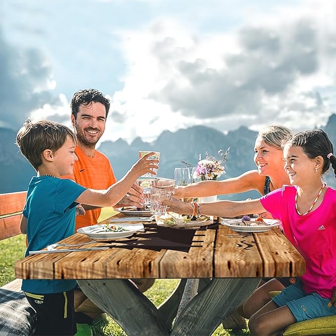 Picnic Table Cover with Bench Covers Elastic Edges, Wood Camper Fitted Table Cover, Outdoor Patio Camping Essentials 72 Inch 3PCS, Waterproof Camping Fitted Tablecloth with Drawstring Bag