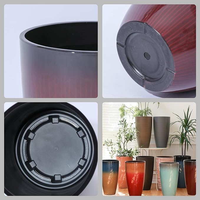 Large Outdoor Planters with Movable Insert Shelf/Drainage Hole, 21 Inch Black to Scarlet Gradient- Glossy Finish for Indoor Modern House Décor Outdoor Flower Pots