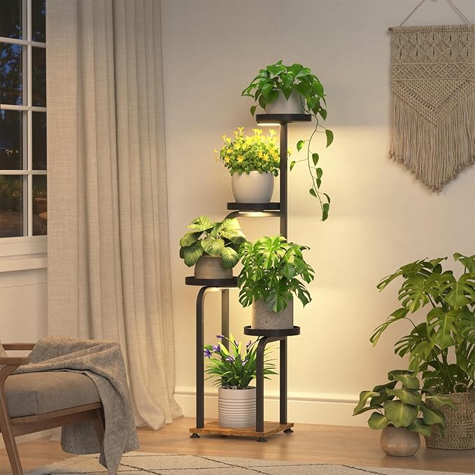 iDavosic.ly Tall Plant Stand Indoor with Grow Light, 4 Tier Corner Multiple Flower Holder Shelf with Metal Trays, Space Saving Display Rack for Living Room Balcony Patio Porch | Black & Brown