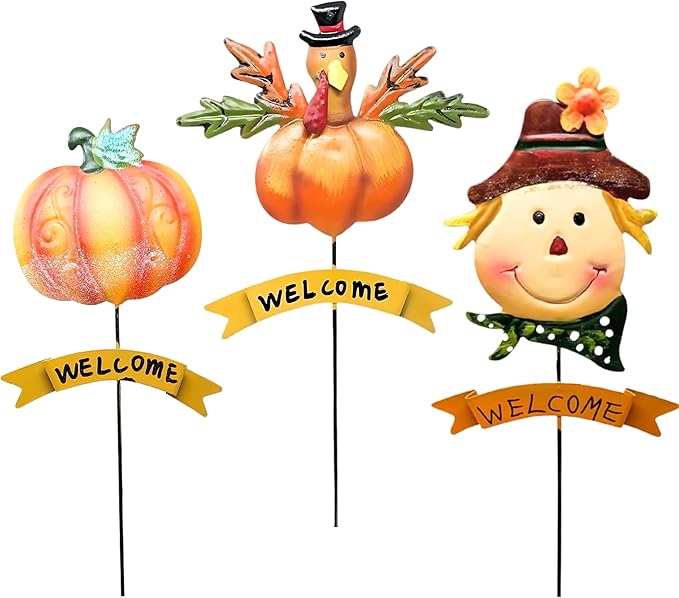 Fall Thanksgiving Halloween Garden Stakes, 3 Pcs Vintage Handmade Metal Yard Decors Featuring Pumpkin, Scarecrow & Turkey, Seasonal Outdoor Lawn & Indoor Décor, for Home & Garden Lovers