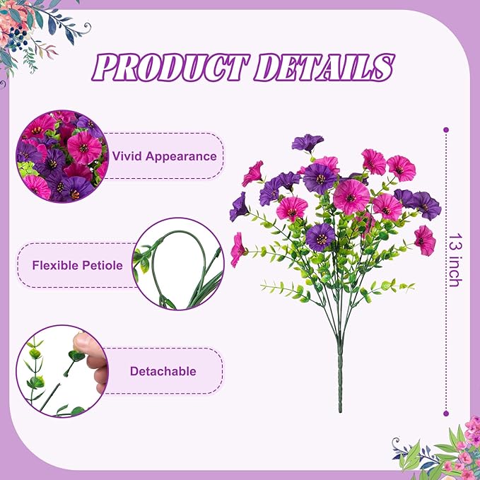 Artificial Flowers for Outdoors Decoration, 12 Bundles Fake Plastic Flower Plant, Faux Colorful Silk Morning Glory Petunias for Spring Summer Outside Garden Porch Front Door Decor, Purple