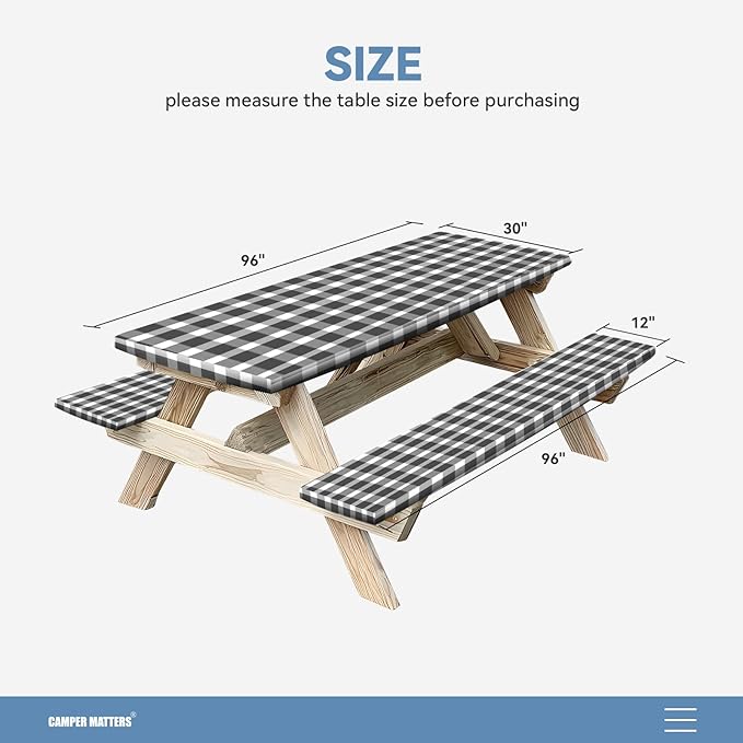 Picnic Table Cover and Bench Covers, Fitted Tablecloth Cover with Elastic Edge, Water and Oil Proof, for Outdoor, Garden, Camping, 96x30 Inch, 3 Pieces Set, Black & White