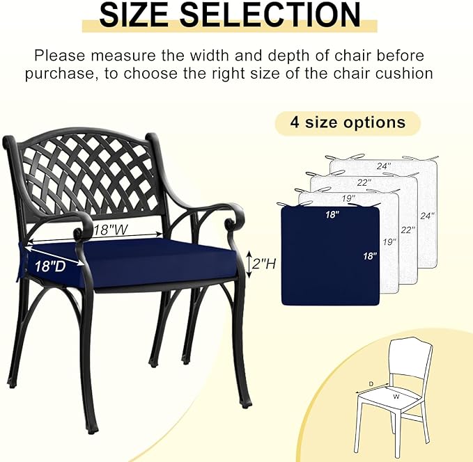 downluxe Waterproof Outdoor Chair Cushions for Patio Furniture, 18" x 18" x 2" Patio Chair Cushion with Adjustable Ties & Portable Handle, Square Outdoor Cushion with Removable Cover, Navy, 2 Pack