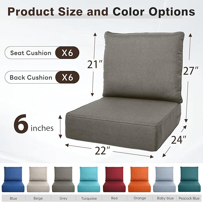 Belord Luxury 6" Thick Outdoor Cushion 6 Set - 22 x24 Inch 28D Sponge Filling Fade-Resistant Chair Cushion, Spill Proof Removable Patio Furniture Replacement Cushion for Sofa Bench Swing - Grey
