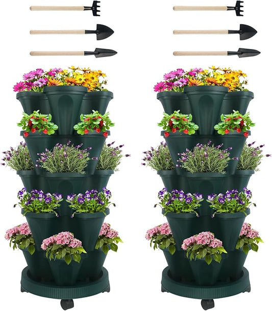 GameXcel Vertical Planter 5 Tier Stackable Planters Garden Planters Strawberry Herb Flower and Vegetable Planter Indoor Outdoor Gardening Pots with Removable Wheels and Tools 2-Pack