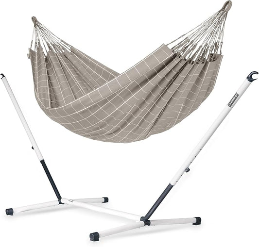 LA SIESTA® - Large Double Brisa Classic Hammock & Nautico Steel Stand - Weather & Tear Resistant Portable Hammock w/Stand - Balcony Porch Garden Outdoor Indoor Hammock - 2-Person Max 355 Lbs, Almond