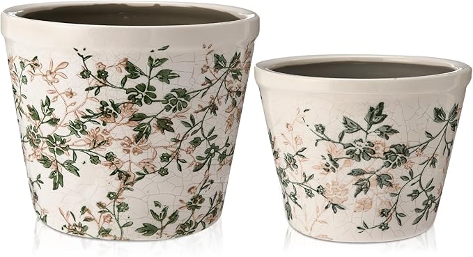 2 Pack Vintage Planter Large Ceramic Plants Pot 5.7/4.7 Inch Pastoral Floral Ice Crack Cottage Scroll Flower Vase Pot Indoor Plants Home Kitchen Decor Farmhouse Antique Decorative Gift
