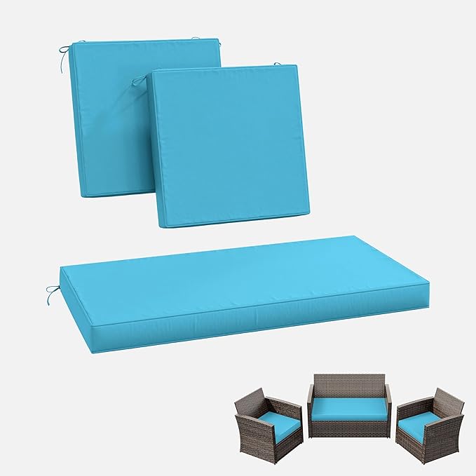 3 Pack Outdoor Replacement Cushions,36L x 18W x 3H,18L x 18W x 3H inch, High-Elastic Replacement Sponge for 4-Seater Water-Resistant Patio/Sofa with Removable Covers (Lake Blue)