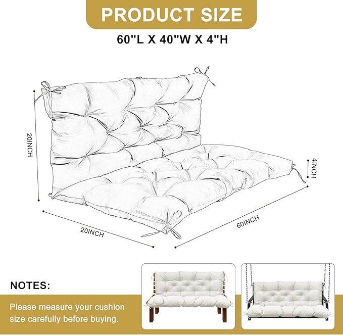 60" Porch Swing Cushion with Backrest, Waterproof Outdoor Bench Swing Cushions 3 Seater Replacement Thickened Swing Cushions with Ties for Patio Garden Backyard,Beige,60x40in