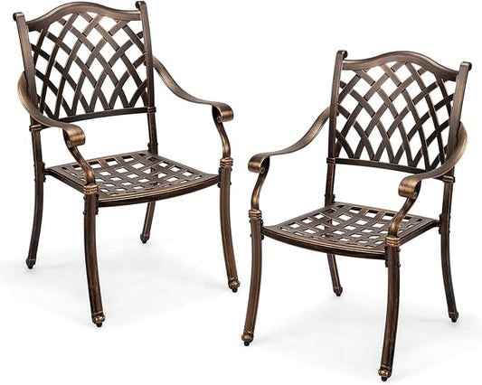 VINGLI Patio Chairs Set of 2 - Stackable Outdoor Cast Aluminum Dining Chairs with Vintage Bronze Finish and Diamond Pattern, Metal Armchairs for Poolside, Backyard, Balcony (No Cushion)