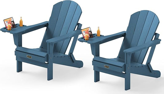 SERWALL Foldable Adirondack Chair Set of 2, Adirondack Chairs with 4 in 1 Cup Holder, Weather Resistant Plastic Chair for Patio Garden Outdoors Fire Pit-Blue