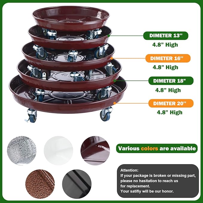 3 Packs Metal Plant Caddy with Wheels 16" Rolling Plant Stand Heavy Duty Plant Dolly with Casters for Indoor and Outdoor Large Planter Casters Potted Plant Mover, Dark Coffee