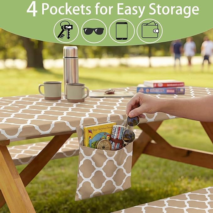 Fitted Waterproof Picnic Table Cover with Bench Covers Elastic Edges Camping Tablecloth for 8 Foot Rectangle Tables Camp Cooking Motorhome Party Equipment Car Rv Travel Trailer Needs Gifts