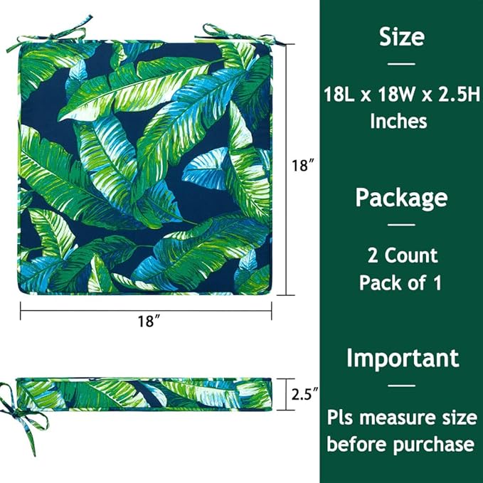 Magpie Fabrics Square Corner Seat Cushion, 18" x 18" x 2.5", 2 Pack, Indoor/Outdoor Waterproof Weather Resistant Universal Chair Pads for Patio Garden Dining - Green Lagoon Leaves
